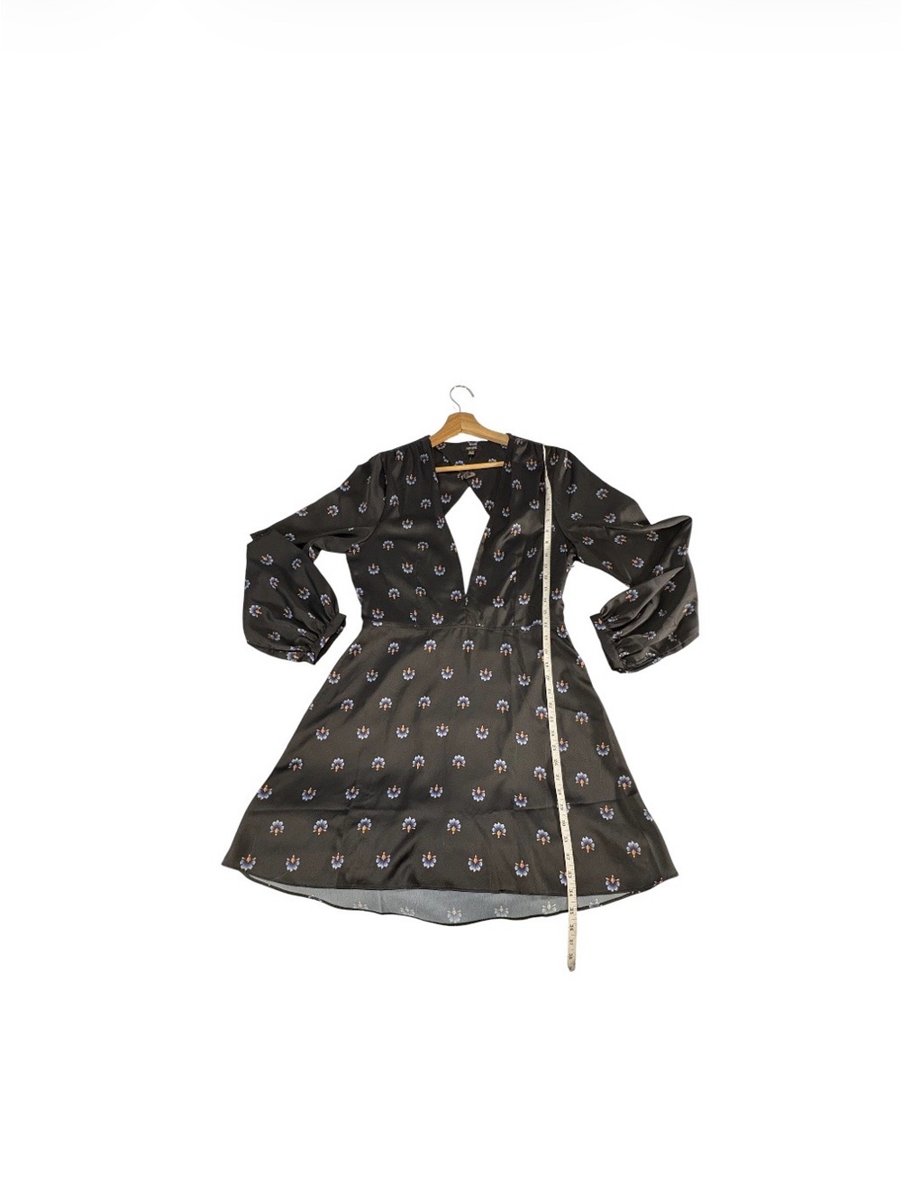 Arrive Black Floral Mini Dress XL Deep V Balloon Sleeve Boho Romantic - Picture 5 of 15